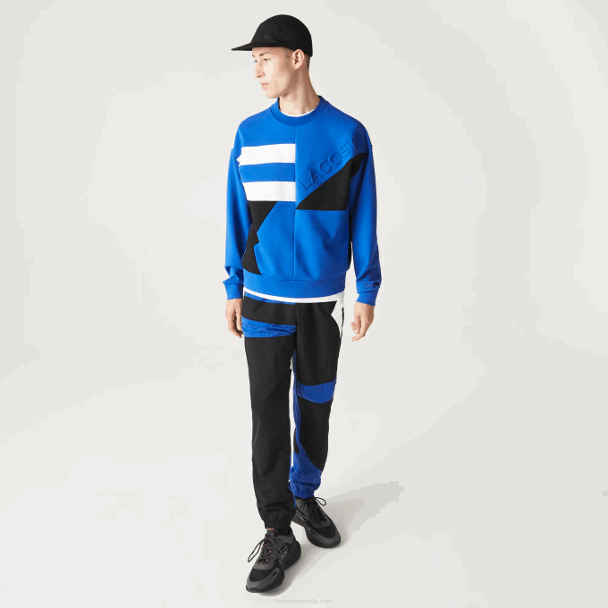 Men Lacoste V0ZN956 Blue White NNE Loose Fit Patchwork Effect Sweatshirt - Image 2