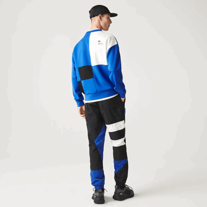 Men Lacoste V0ZN956 Blue White NNE Loose Fit Patchwork Effect Sweatshirt - Image 3
