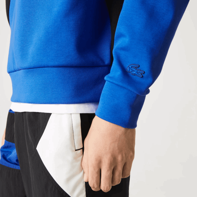 Men Lacoste V0ZN956 Blue White NNE Loose Fit Patchwork Effect Sweatshirt - Image 7