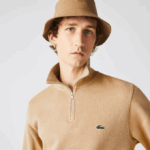 Men Lacoste V0ZN957 Beige 02S Zippered Stand-Up Collar Cotton Sweatshirt
