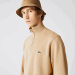 Men Lacoste V0ZN957 Beige 02S Zippered Stand-Up Collar Cotton Sweatshirt - Image 6