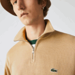 Men Lacoste V0ZN957 Beige 02S Zippered Stand-Up Collar Cotton Sweatshirt - Image 7