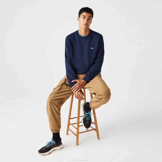 Men Lacoste V0ZN965 Navy Blue 7CG Classic Fit Speckled Print Fleece Sweatshirt - Image 4