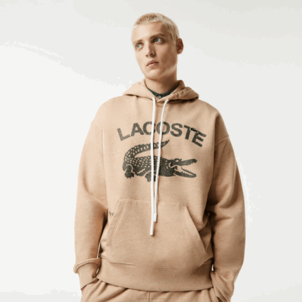 Men Lacoste V0ZN968 Beige 4JW Loose Fit Crocodile Hooded Sweatshirt