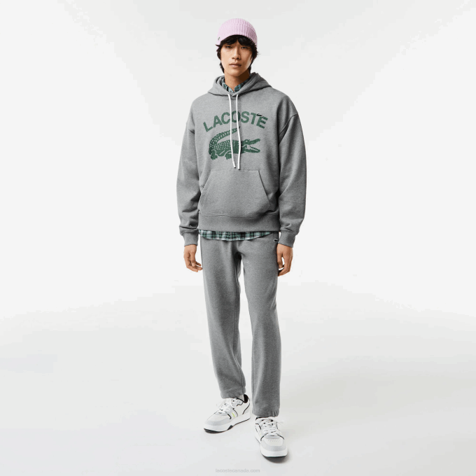 Men Lacoste V0ZN969 Grey Chine YRD Loose Fit Crocodile Hooded Sweatshirt - Image 2