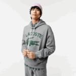 Men Lacoste V0ZN969 Grey Chine YRD Loose Fit Crocodile Hooded Sweatshirt
