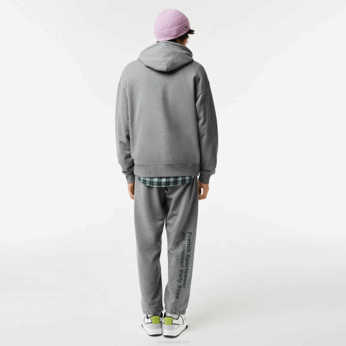 Men Lacoste V0ZN969 Grey Chine YRD Loose Fit Crocodile Hooded Sweatshirt - Image 3