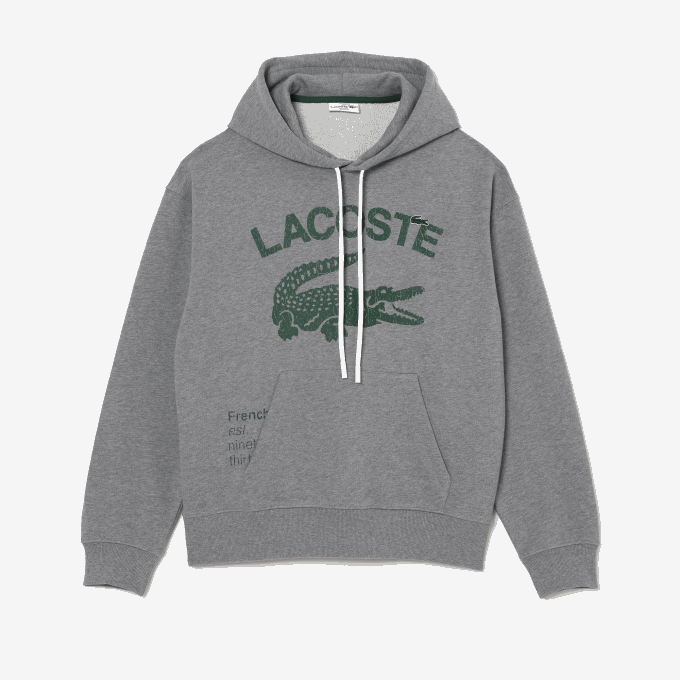 Men Lacoste V0ZN969 Grey Chine YRD Loose Fit Crocodile Hooded Sweatshirt - Image 4