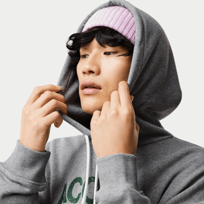 Men Lacoste V0ZN969 Grey Chine YRD Loose Fit Crocodile Hooded Sweatshirt - Image 5