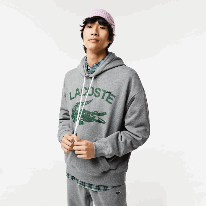 Men Lacoste V0ZN969 Grey Chine YRD Loose Fit Crocodile Hooded Sweatshirt - Image 1
