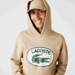 Men Lacoste V0ZN971 Beige 02S Loose Fit Branded Monogram Hooded Sweatshirt