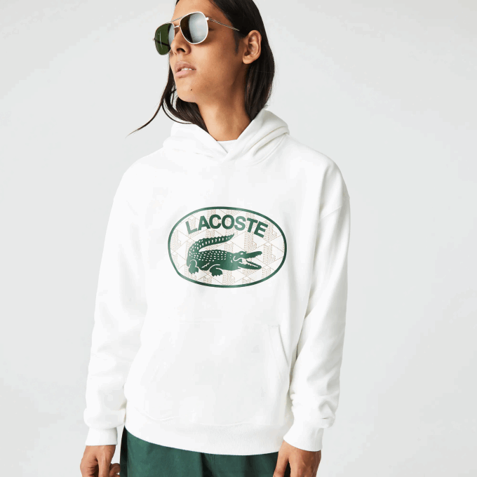Men Lacoste V0ZN972 White 70V Loose Fit Branded Monogram Hooded Sweatshirt - Image 2