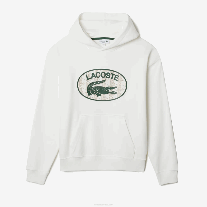 Men Lacoste V0ZN972 White 70V Loose Fit Branded Monogram Hooded Sweatshirt - Image 4