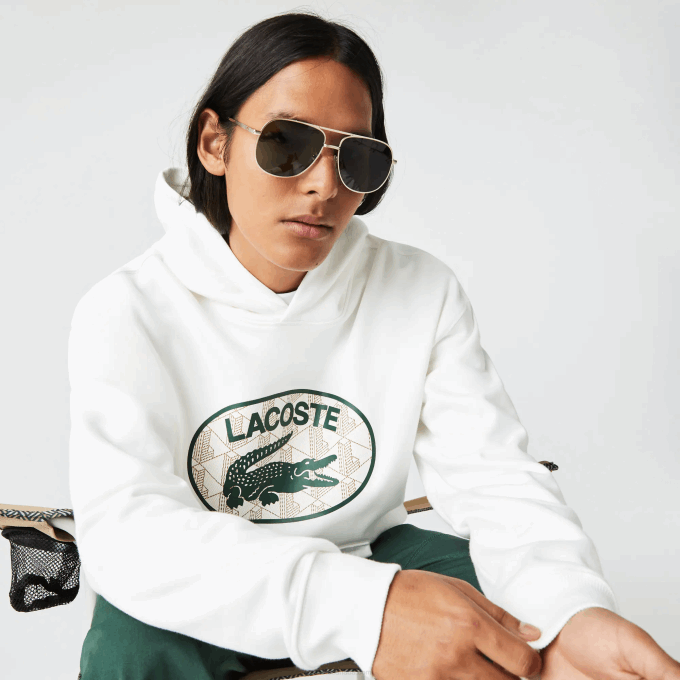 Men Lacoste V0ZN972 White 70V Loose Fit Branded Monogram Hooded Sweatshirt - Image 1