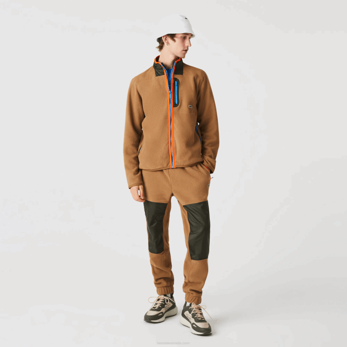 Men Lacoste V0ZN979 Brown Khaki Green 89F Relaxed Fit Polar Fleece Zip Sweatshirt - Image 2
