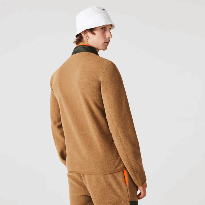 Men Lacoste V0ZN979 Brown Khaki Green 89F Relaxed Fit Polar Fleece Zip Sweatshirt - Image 3