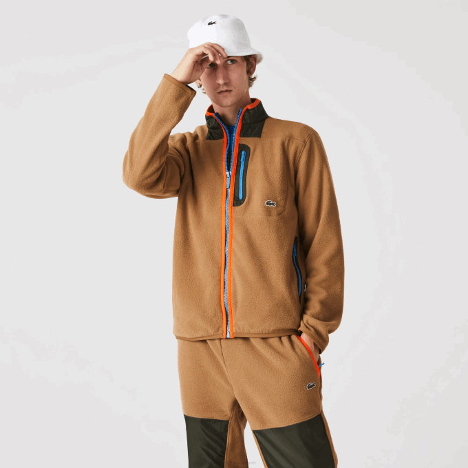 Men Lacoste V0ZN979 Brown Khaki Green 89F Relaxed Fit Polar Fleece Zip Sweatshirt - Image 4