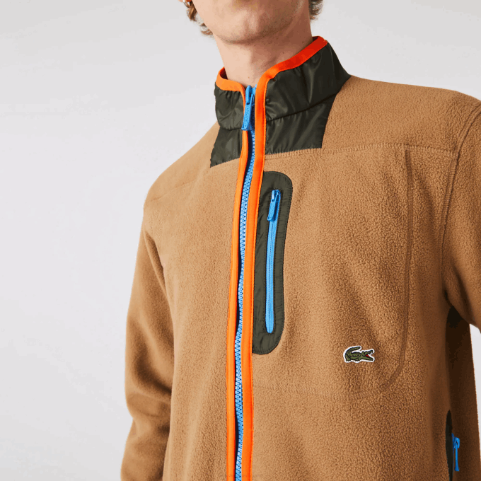 Men Lacoste V0ZN979 Brown Khaki Green 89F Relaxed Fit Polar Fleece Zip Sweatshirt - Image 7