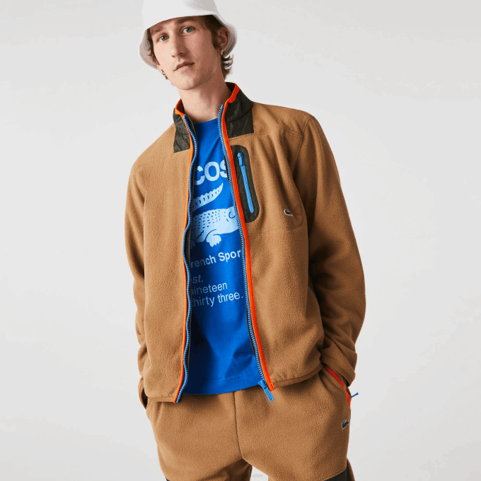 Men Lacoste V0ZN979 Brown Khaki Green 89F Relaxed Fit Polar Fleece Zip Sweatshirt - Image 8