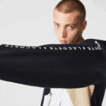 Men Lacoste V0ZN997 Navy Blue White Beige E8T Hooded Colorblock Lettered Fleece Zip Sweatshirt - Image 2