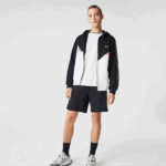 Men Lacoste V0ZN997 Navy Blue White Beige E8T Hooded Colorblock Lettered Fleece Zip Sweatshirt