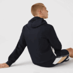 Men Lacoste V0ZN997 Navy Blue White Beige E8T Hooded Colorblock Lettered Fleece Zip Sweatshirt - Image 3