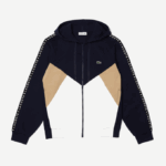 Men Lacoste V0ZN997 Navy Blue White Beige E8T Hooded Colorblock Lettered Fleece Zip Sweatshirt - Image 4