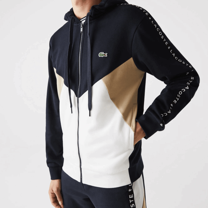 Men Lacoste V0ZN997 Navy Blue White Beige E8T Hooded Colorblock Lettered Fleece Zip Sweatshirt - Image 5