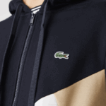 Men Lacoste V0ZN997 Navy Blue White Beige E8T Hooded Colorblock Lettered Fleece Zip Sweatshirt - Image 6