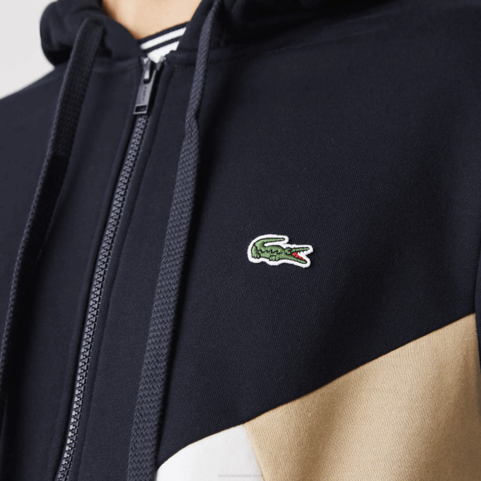 Men Lacoste V0ZN997 Navy Blue White Beige E8T Hooded Colorblock Lettered Fleece Zip Sweatshirt - Image 6