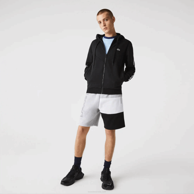 Men Lacoste V0ZN998 Black 8VM Hooded Colorblock Lettered Fleece Zip Sweatshirt - Image 2