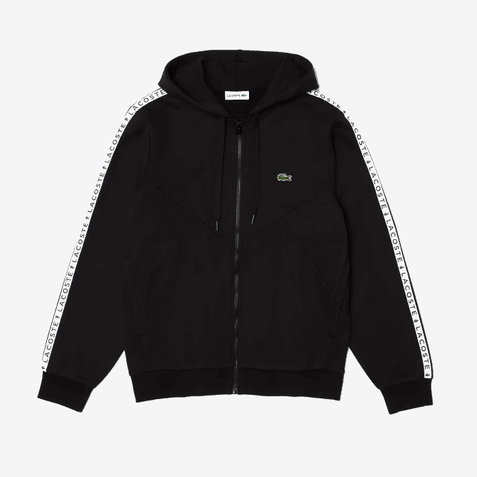 Men Lacoste V0ZN998 Black 8VM Hooded Colorblock Lettered Fleece Zip Sweatshirt - Image 4