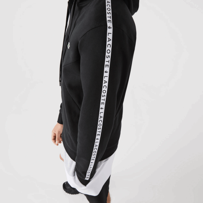 Men Lacoste V0ZN998 Black 8VM Hooded Colorblock Lettered Fleece Zip Sweatshirt - Image 5