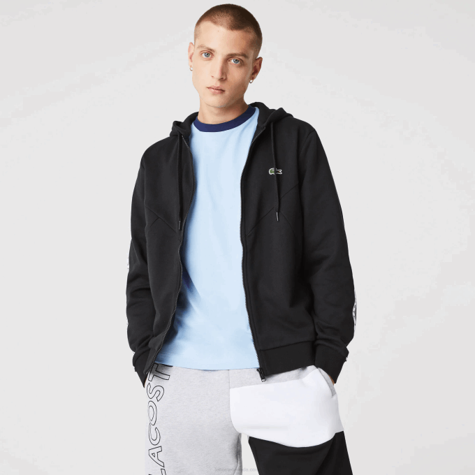 Men Lacoste V0ZN998 Black 8VM Hooded Colorblock Lettered Fleece Zip Sweatshirt - Image 1