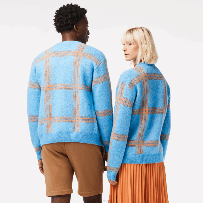 Women Lacoste V0ZN1394 Blue Orange Brown 7CZ Tartan Pattern Wool Cardigan - Image 2