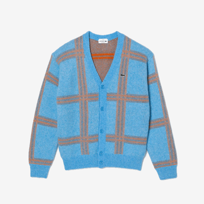 Women Lacoste V0ZN1394 Blue Orange Brown 7CZ Tartan Pattern Wool Cardigan - Image 3