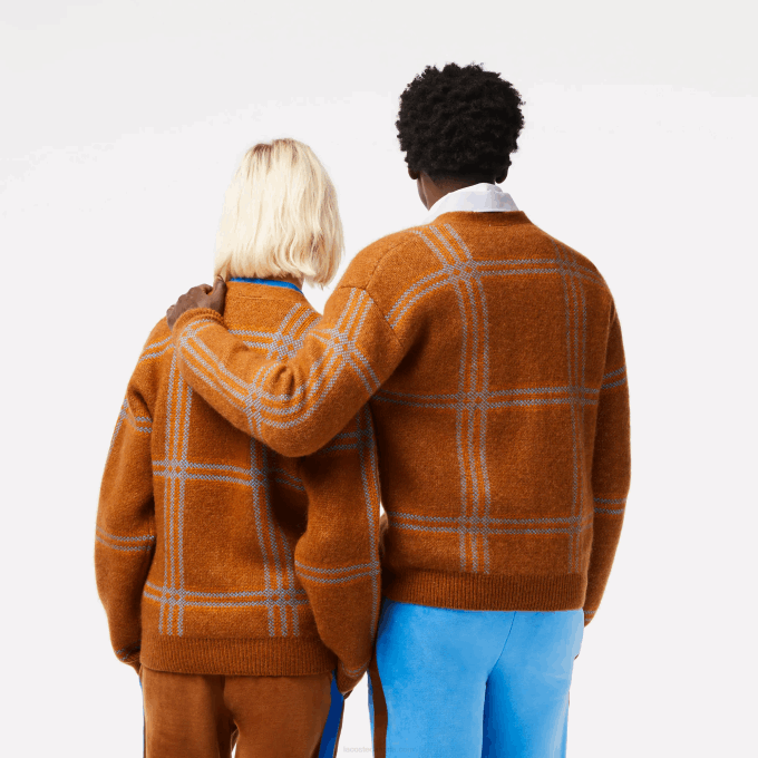Women Lacoste V0ZN1395 Brown Blue Orange VN2 Tartan Pattern Wool Cardigan - Image 2