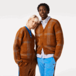 Women Lacoste V0ZN1395 Brown Blue Orange VN2 Tartan Pattern Wool Cardigan
