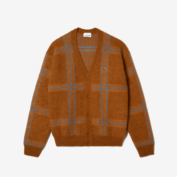 Women Lacoste V0ZN1395 Brown Blue Orange VN2 Tartan Pattern Wool Cardigan - Image 3