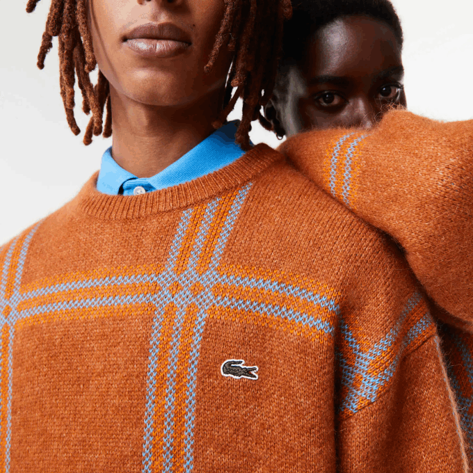 Women Lacoste V0ZN1426 Brown Blue Orange VN2 Relaxed Fit Tartan Pattern Wool Blend Sweater - Image 3