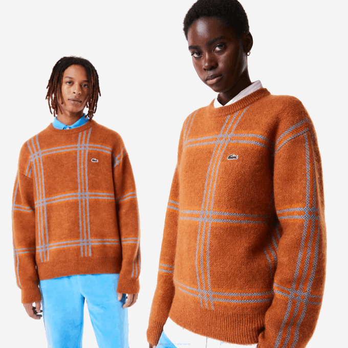 Women Lacoste V0ZN1426 Brown Blue Orange VN2 Relaxed Fit Tartan Pattern Wool Blend Sweater - Image 1