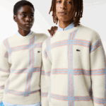 Women Lacoste V0ZN1427 White Red Blue 7D1 Relaxed Fit Tartan Pattern Wool Blend Sweater