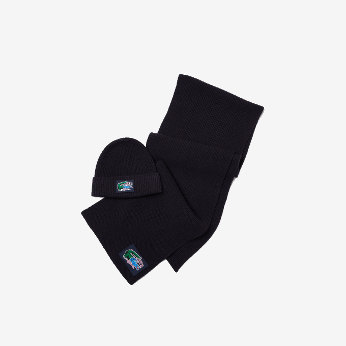 Women Lacoste V0ZN1691 Navy Blue 166 Ribbed Wool Beanie And Scarf Gift Set - Image 2