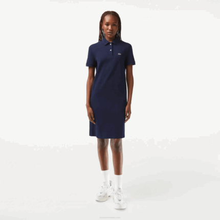 Women Lacoste V0ZN2361 Navy Blue 166 Pique Knit Polo Dress