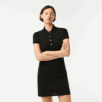 Women Lacoste V0ZN2370 Black 031 Stretch Cotton Pique Polo Dress - Image 2