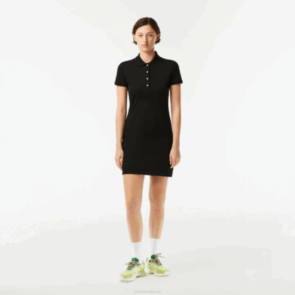 Women Lacoste V0ZN2370 Black 031 Stretch Cotton Pique Polo Dress