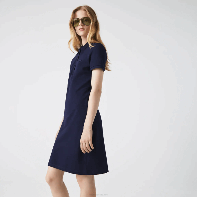 Women Lacoste V0ZN2371 Navy Blue 166 Stretch Cotton Pique Polo Dress - Image 2