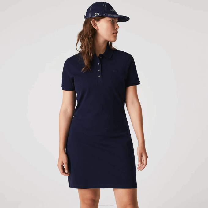 Women Lacoste V0ZN2371 Navy Blue 166 Stretch Cotton Pique Polo Dress - Image 7