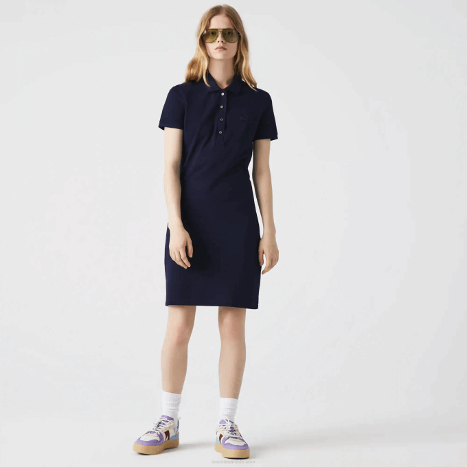 Women Lacoste V0ZN2371 Navy Blue 166 Stretch Cotton Pique Polo Dress - Image 1