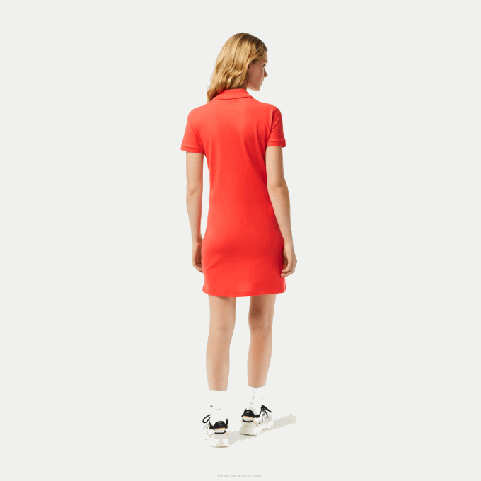 Women Lacoste V0ZN2377 Orange 02K Stretch Cotton Pique Polo Dress - Image 2